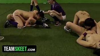 play Soccer girls team work out their pussies after training